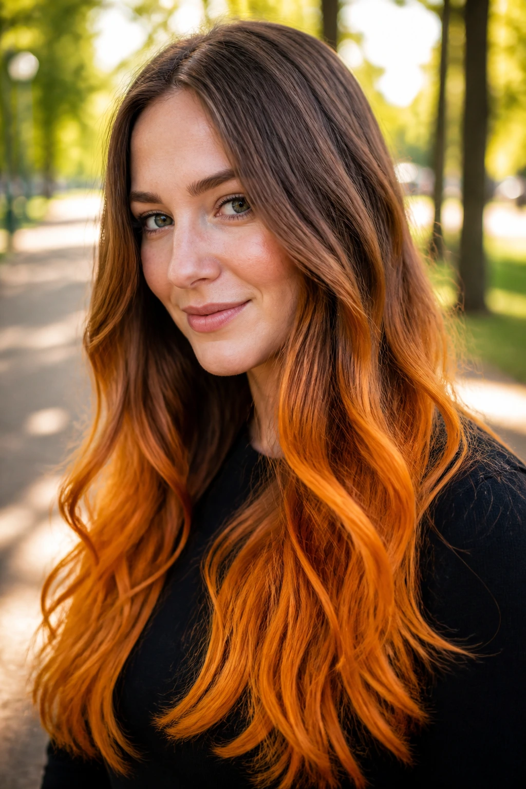 Close-up of tangerine-tipped ombre on long hair in loose waves