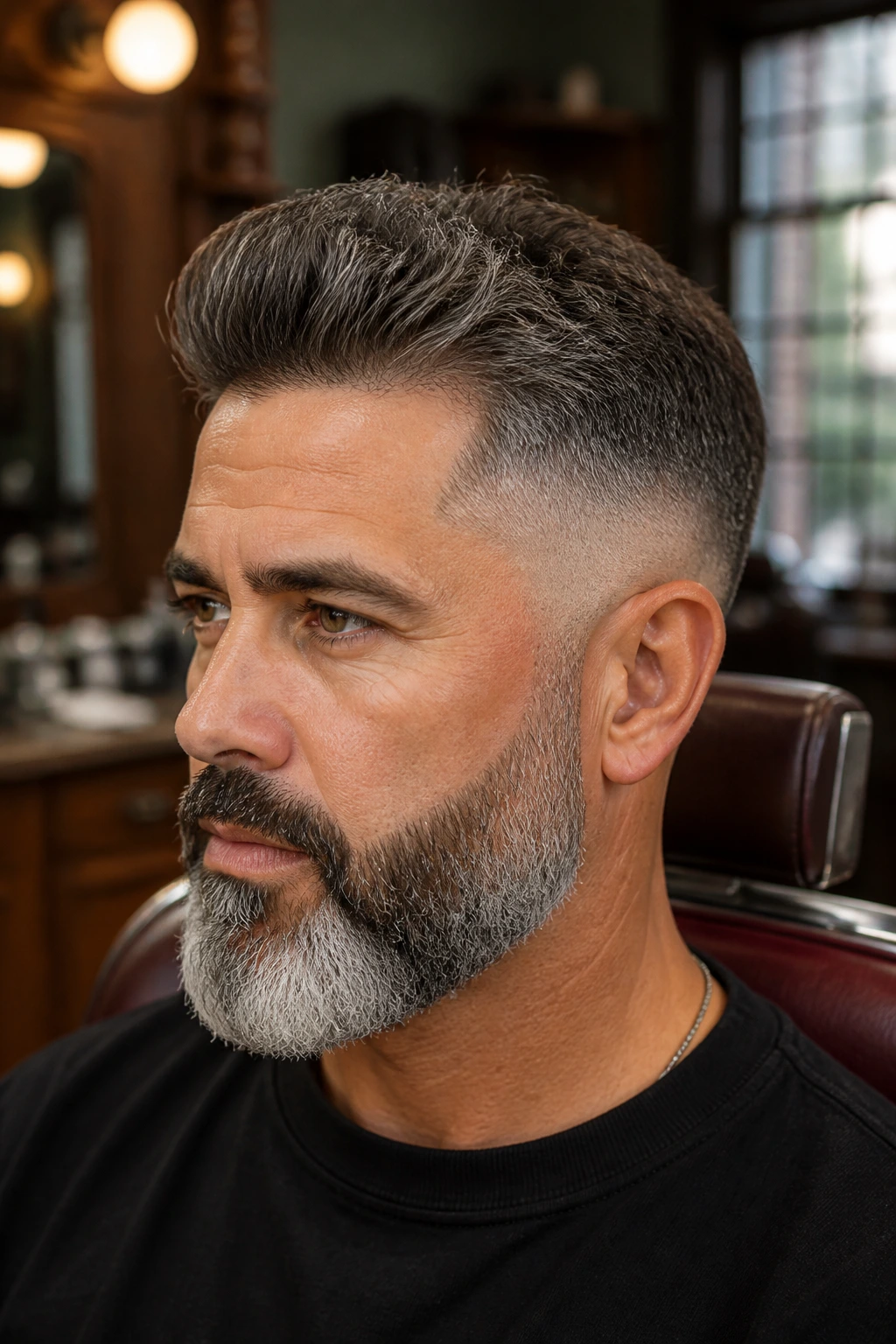 Close-up portrait of man showing taper fade blending into gray-streaked beard in barbershop setting
