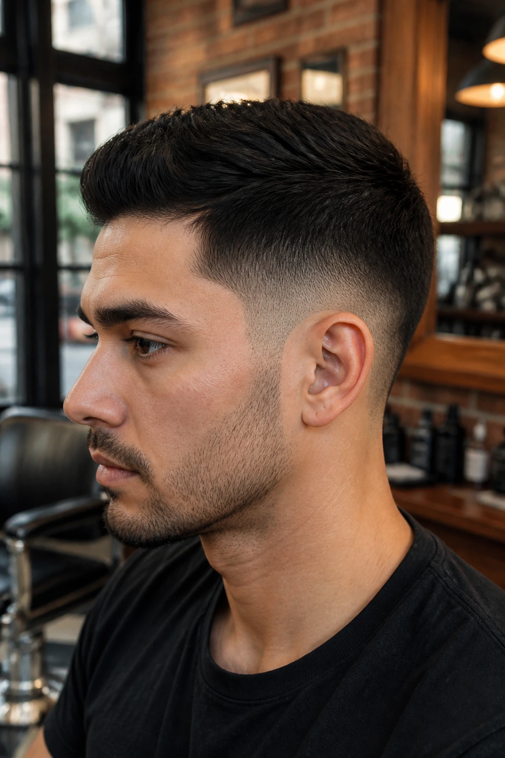 Close-up portrait of a man with a taper fade in a warm barbershop setting