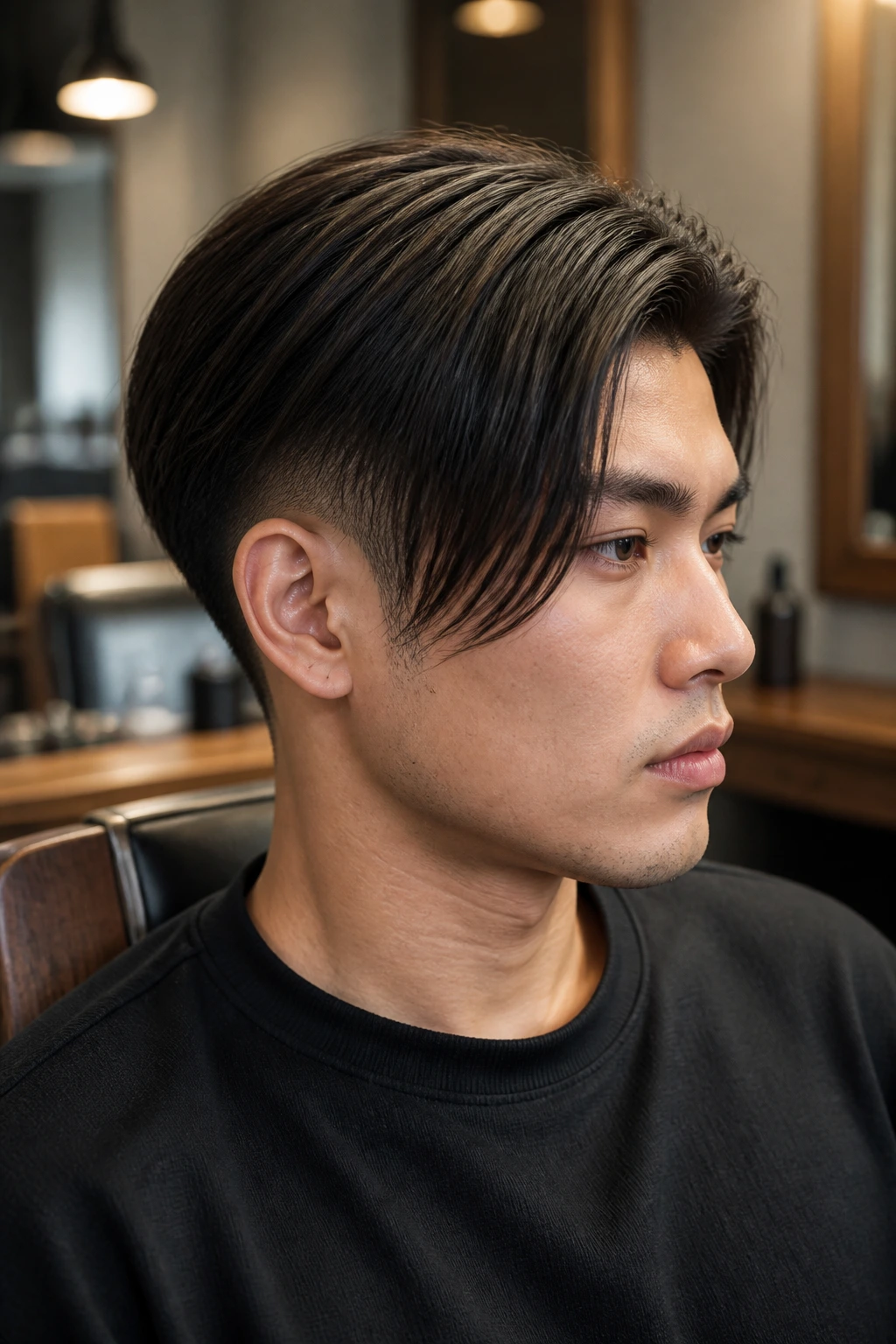 Close-up of a man with Taper-Fade Inverted Bob showing neat taper on sides and elongated crown