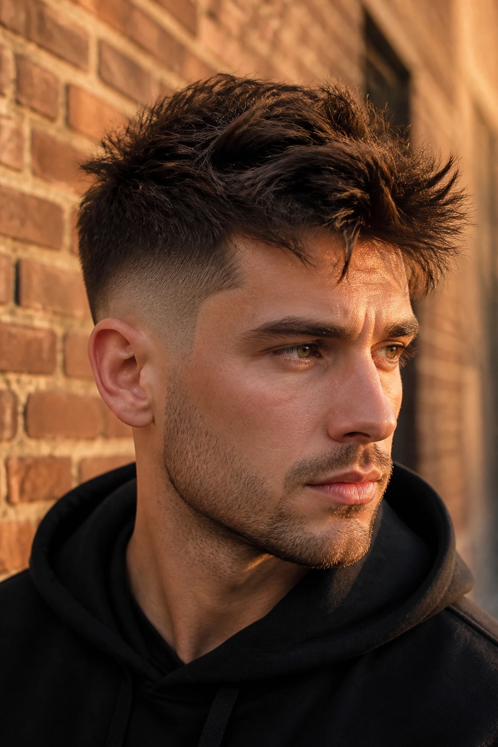 Portrait of a real man with a taper fade and messy top against an urban brick wall