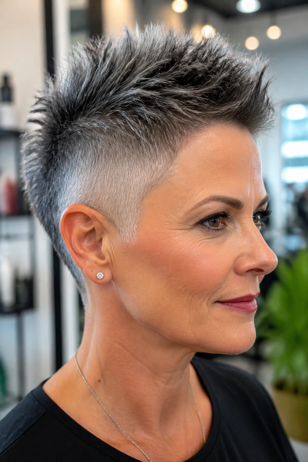 Close-up of a real person with subtle taper fade mohawk in a barber-like setting.