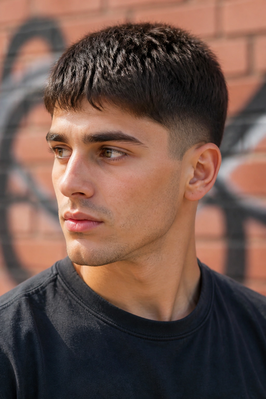 Man with taper fade pixie haircut in brick-wall urban setting.