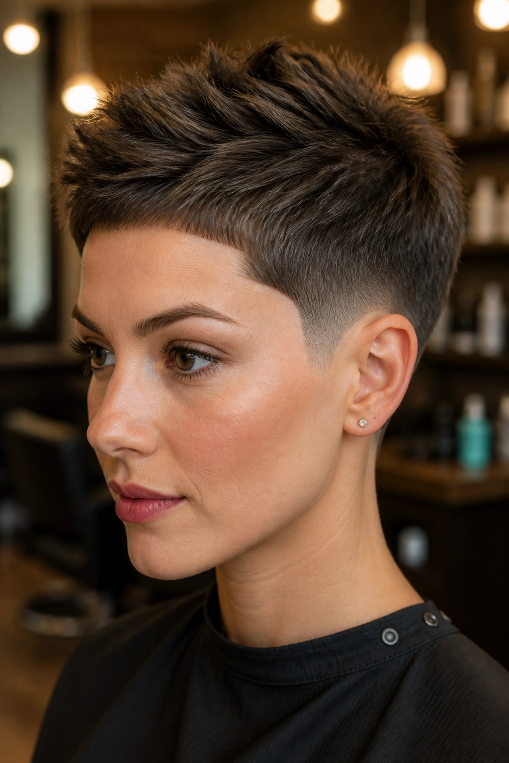Close-up of a real person with a taper fade pixie and sharp edges.