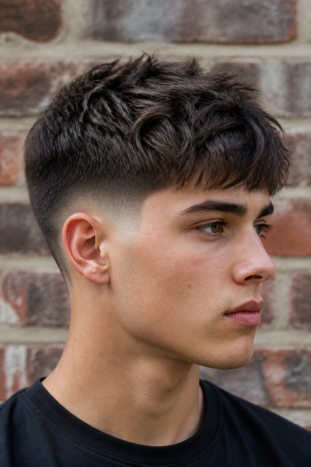 Close-up of a real person with taper fade and textured top against brick wall