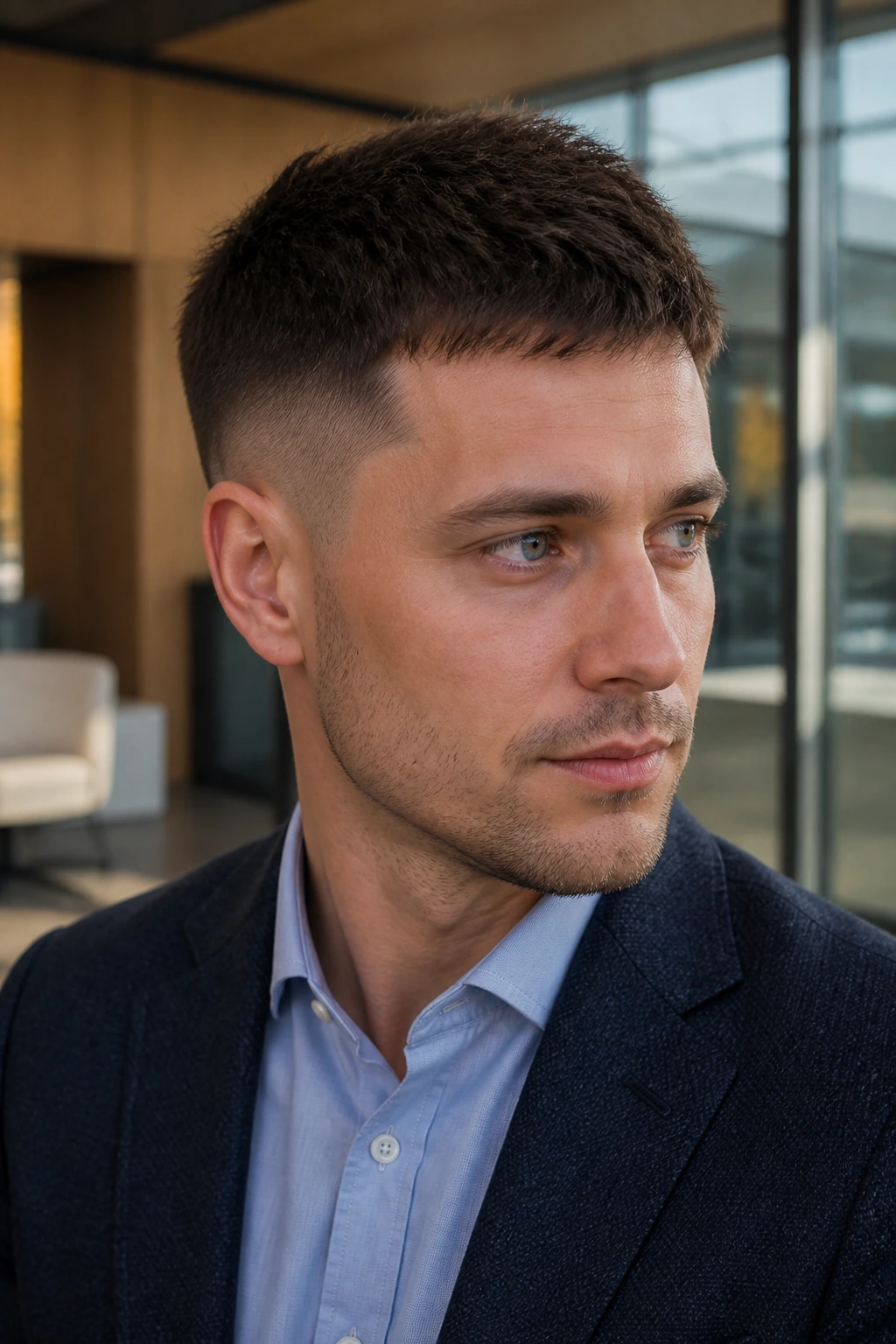 Close-up portrait of a man with a taper fade and short top in a modern office setting.