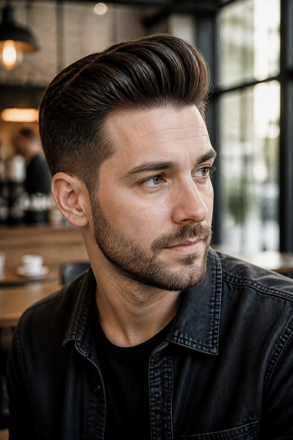 Man with taper pompadour in a cozy cafe