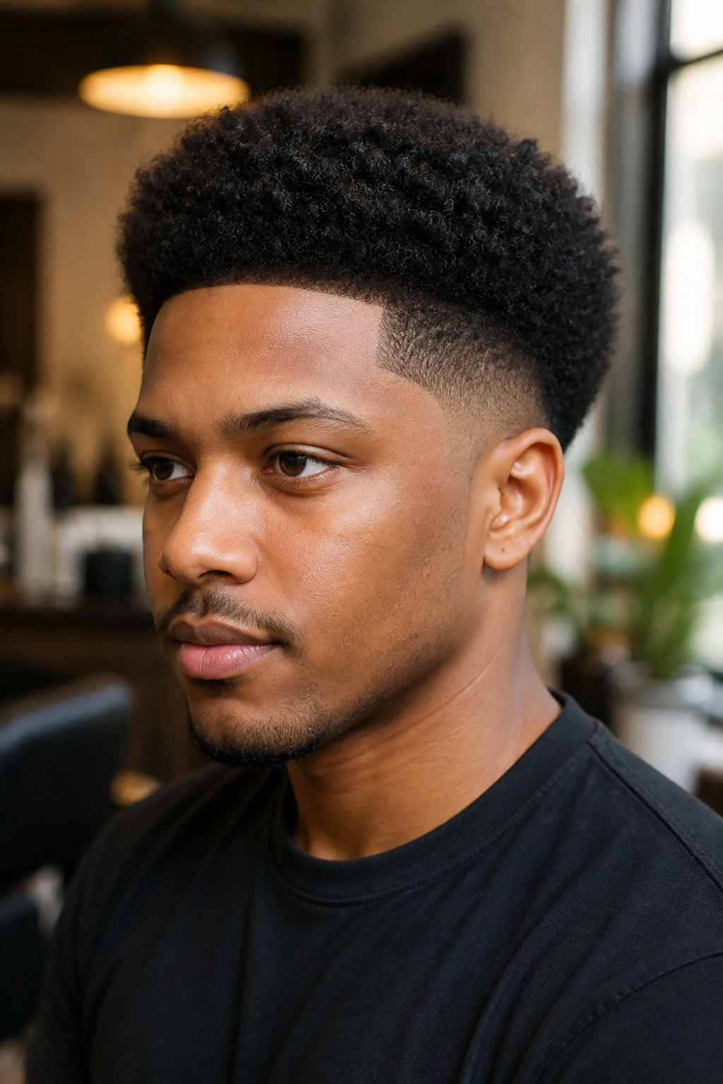 Close-up portrait of a real person with tapered Afro Crop showing coily texture and tapered sides.