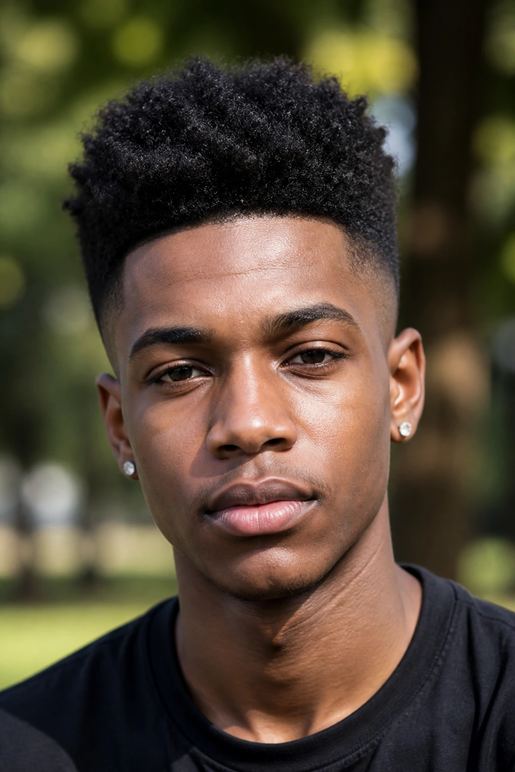 Close-up portrait of a real person with a tapered Afro crop and height on top