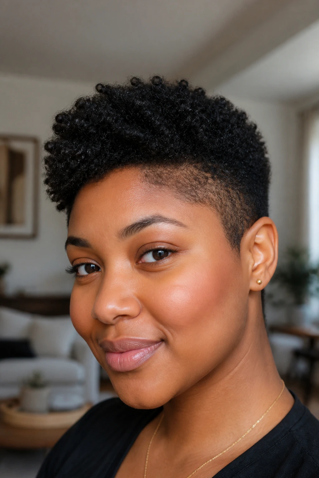 Close-up of real person with tapered Afro crop with slant in warm living room light