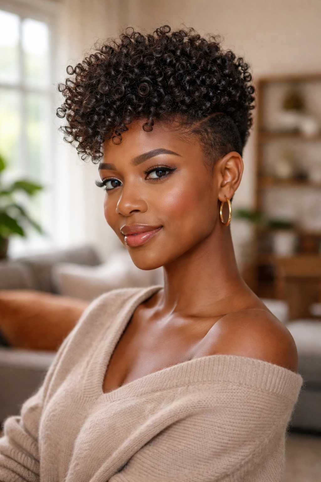 Close-up portrait of a real person with a tapered Afro and defined curls