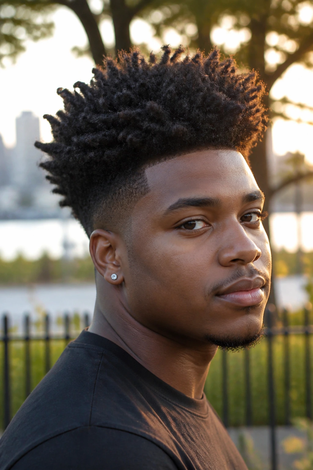 Close-up portrait of a real person with a tapered afro and defined tips.