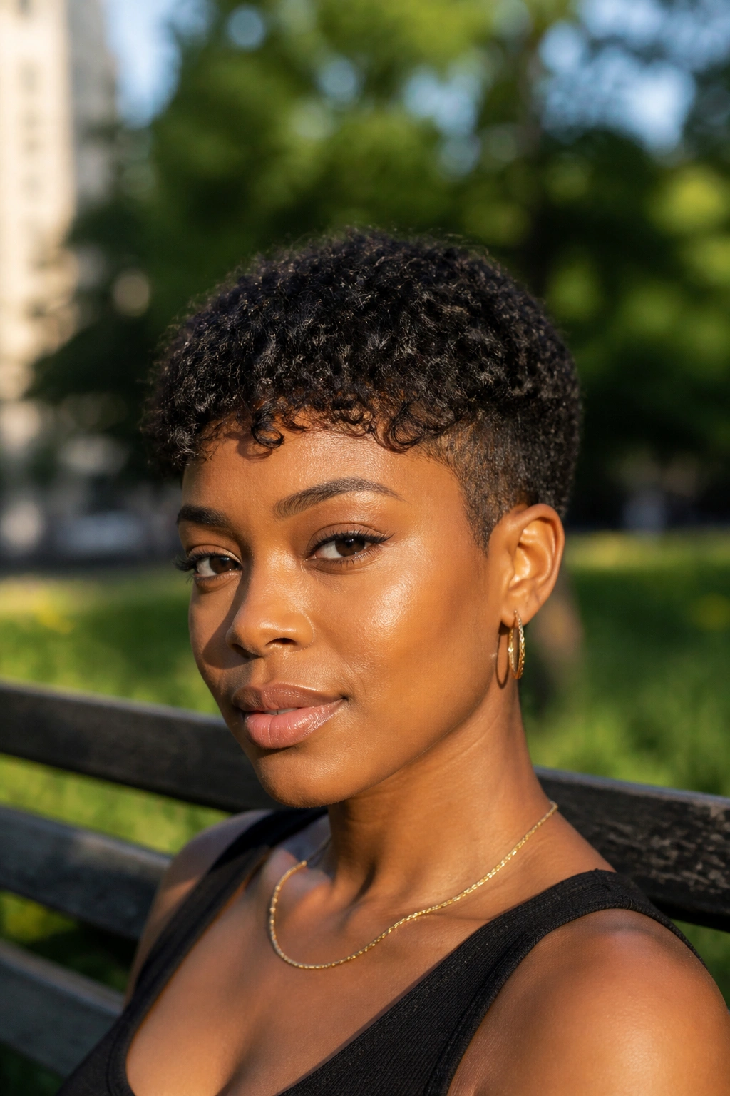 Close-up of a real woman with a tapered Afro pixie and short fringe