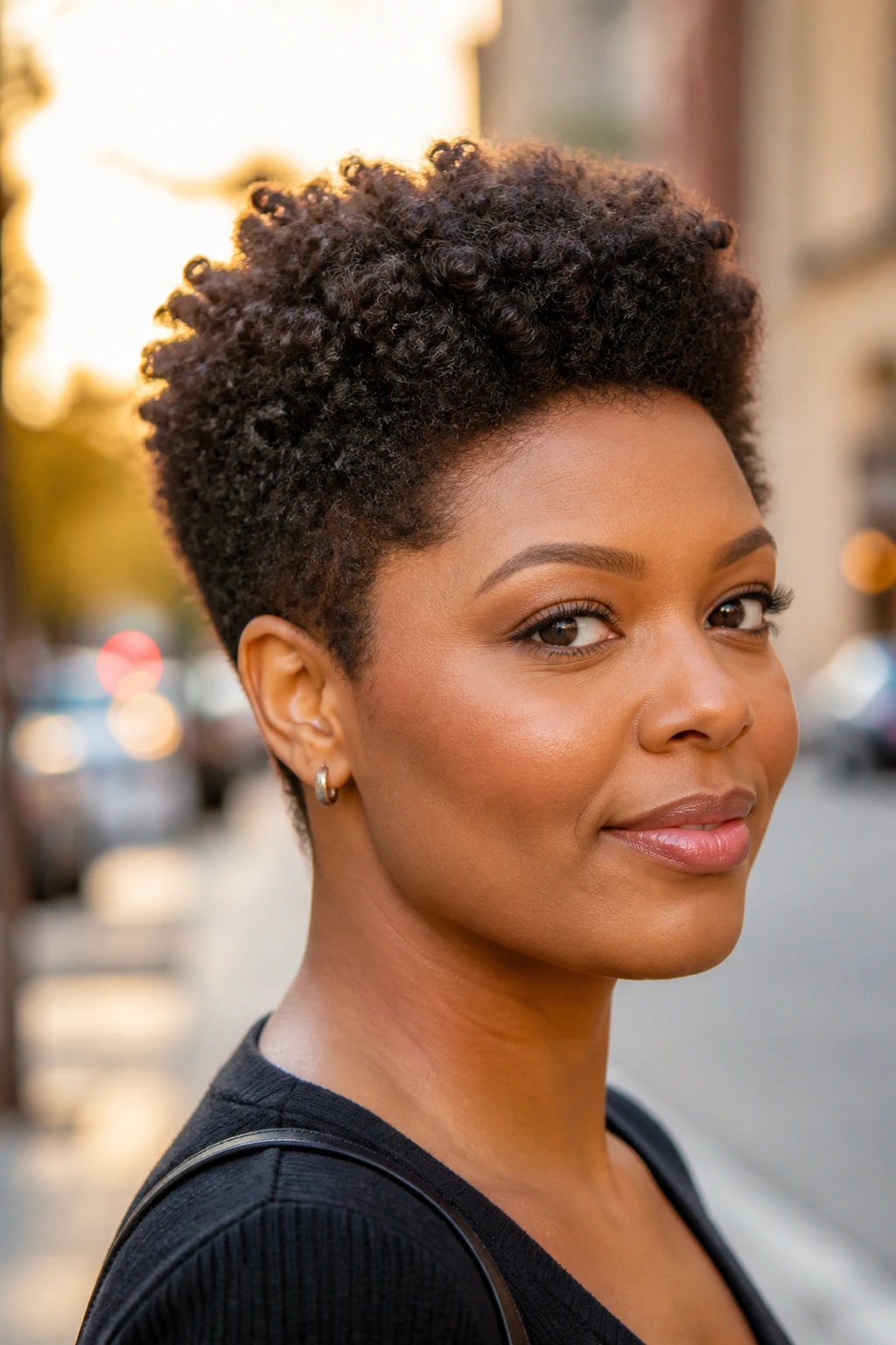 Close-up portrait of a real woman with a tapered Afro pixie and rounded top.