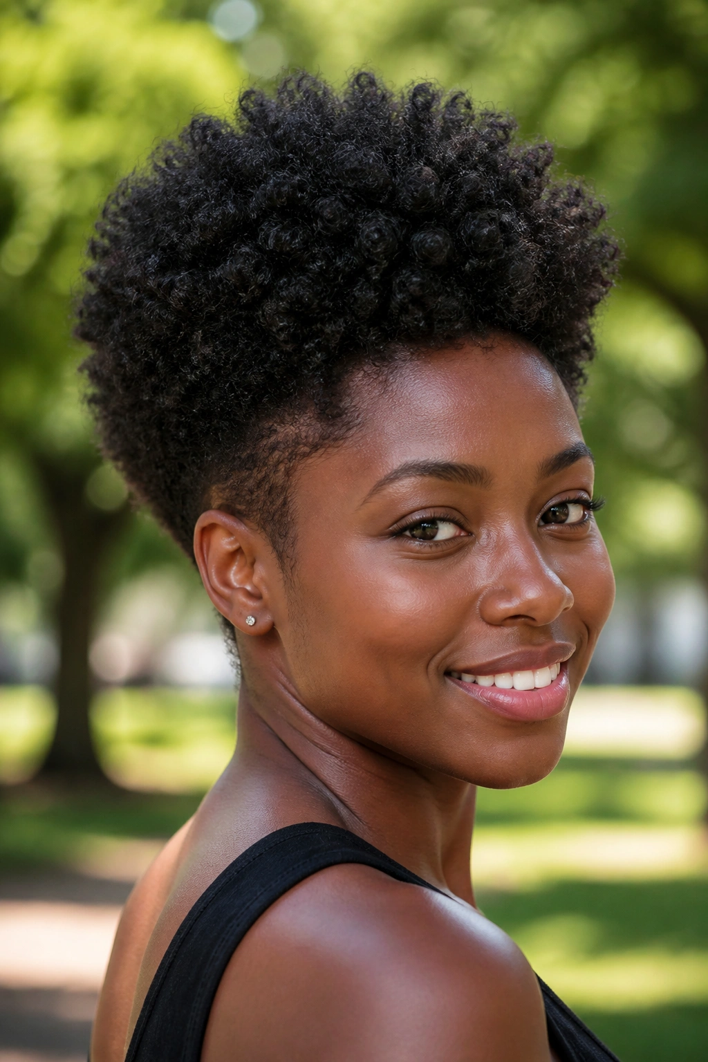Portrait of a person with a tapered afro showing shape in natural daylight