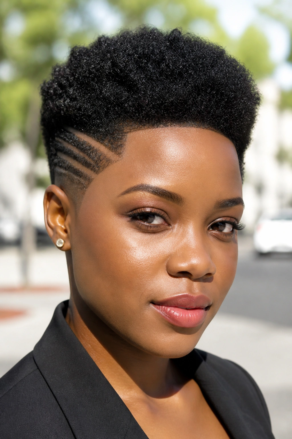 Close-up of a real woman with a tapered Afro and sculpted sides