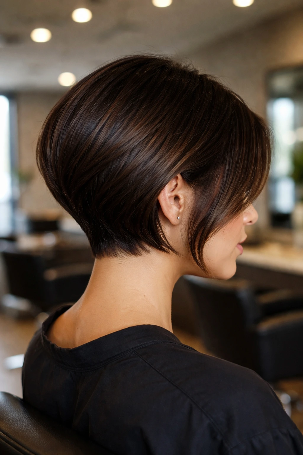 Profile view of real person with tapered back bob showing short nape and longer front.