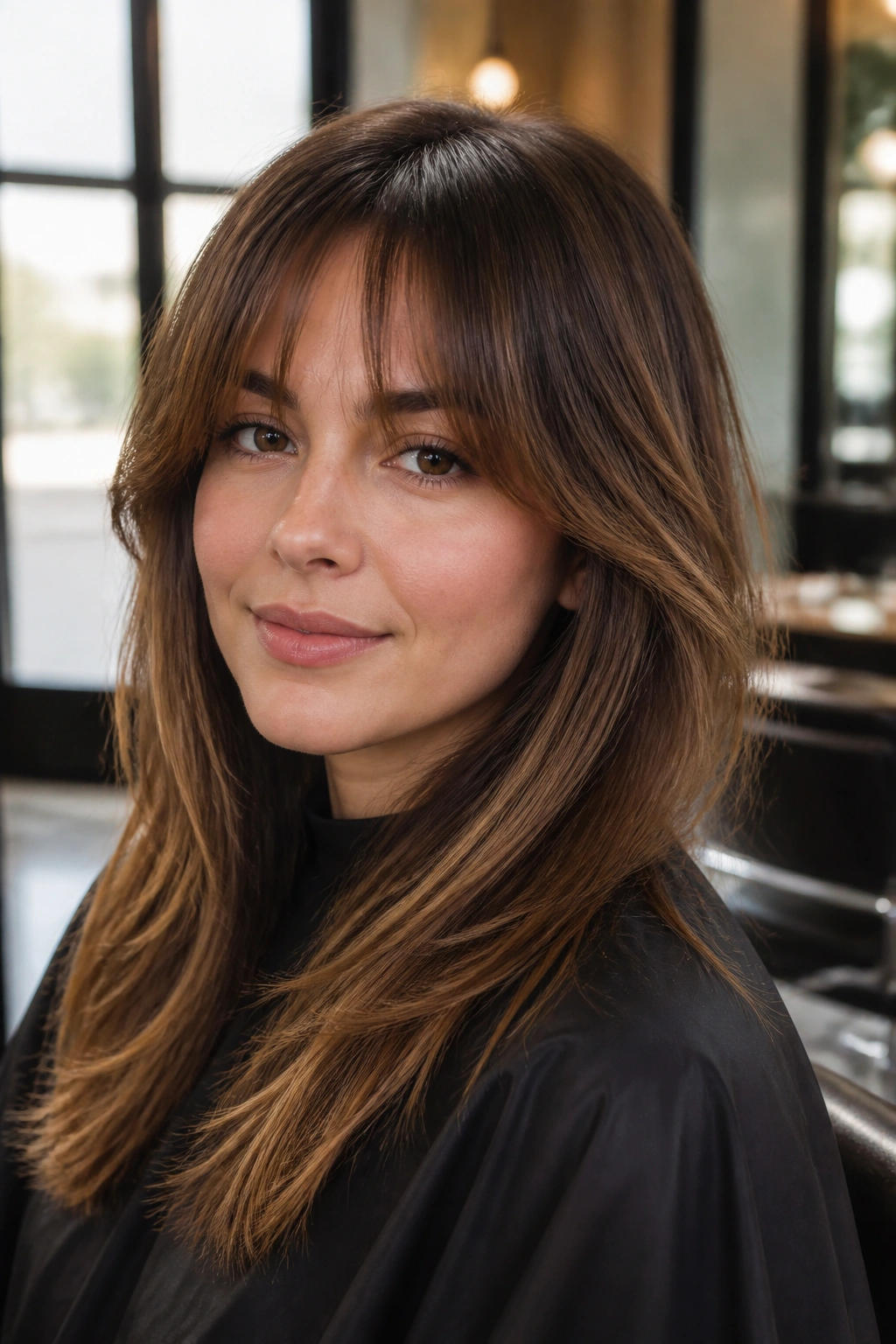 Close-up of a real woman with tapered bangs in a chic salon chair by a window