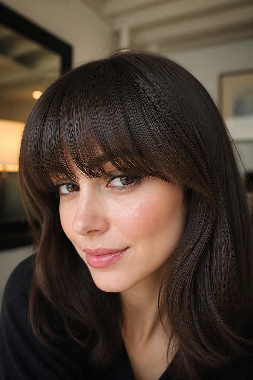 Real person with tapered bangs thinning at temples, close-up