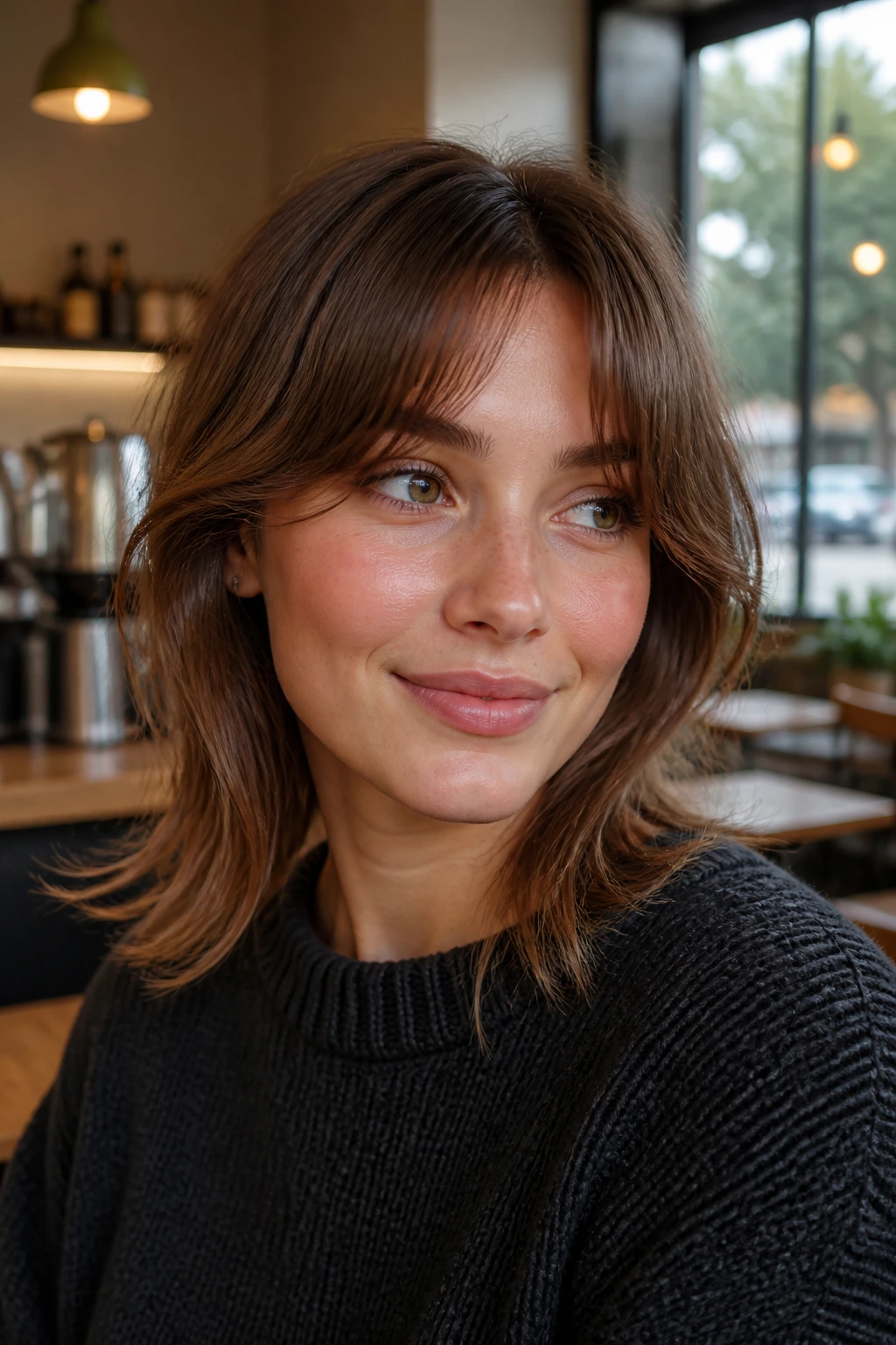 Close-up portrait of a real woman with tapered bangs opening at the temples.