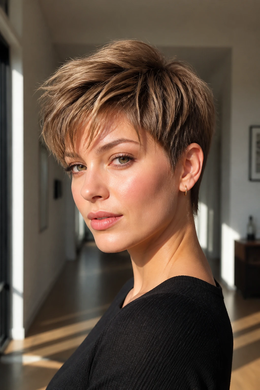 Close-up of a real person with a tapered bixie haircut, showing short nape and longer top.