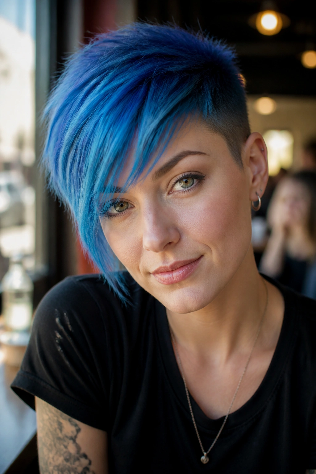 Portrait of person with tapered blue crop and long diagonal fringe