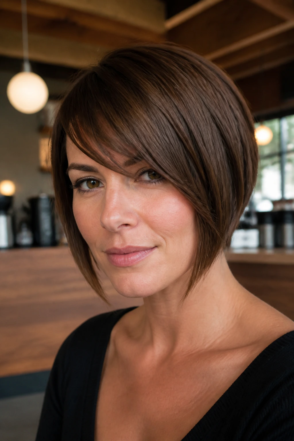 Close-up portrait of a real woman with tapered brown bob and angled fringe
