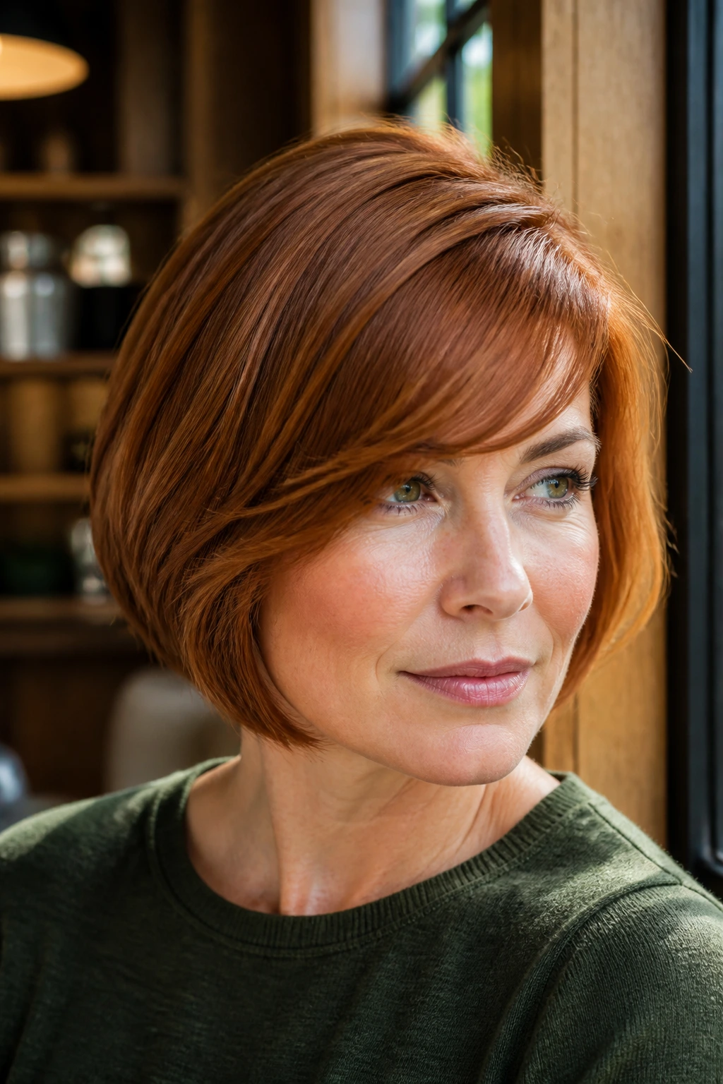 Portrait of a woman with a tapered bob and side-swept fringe in auburn copper.