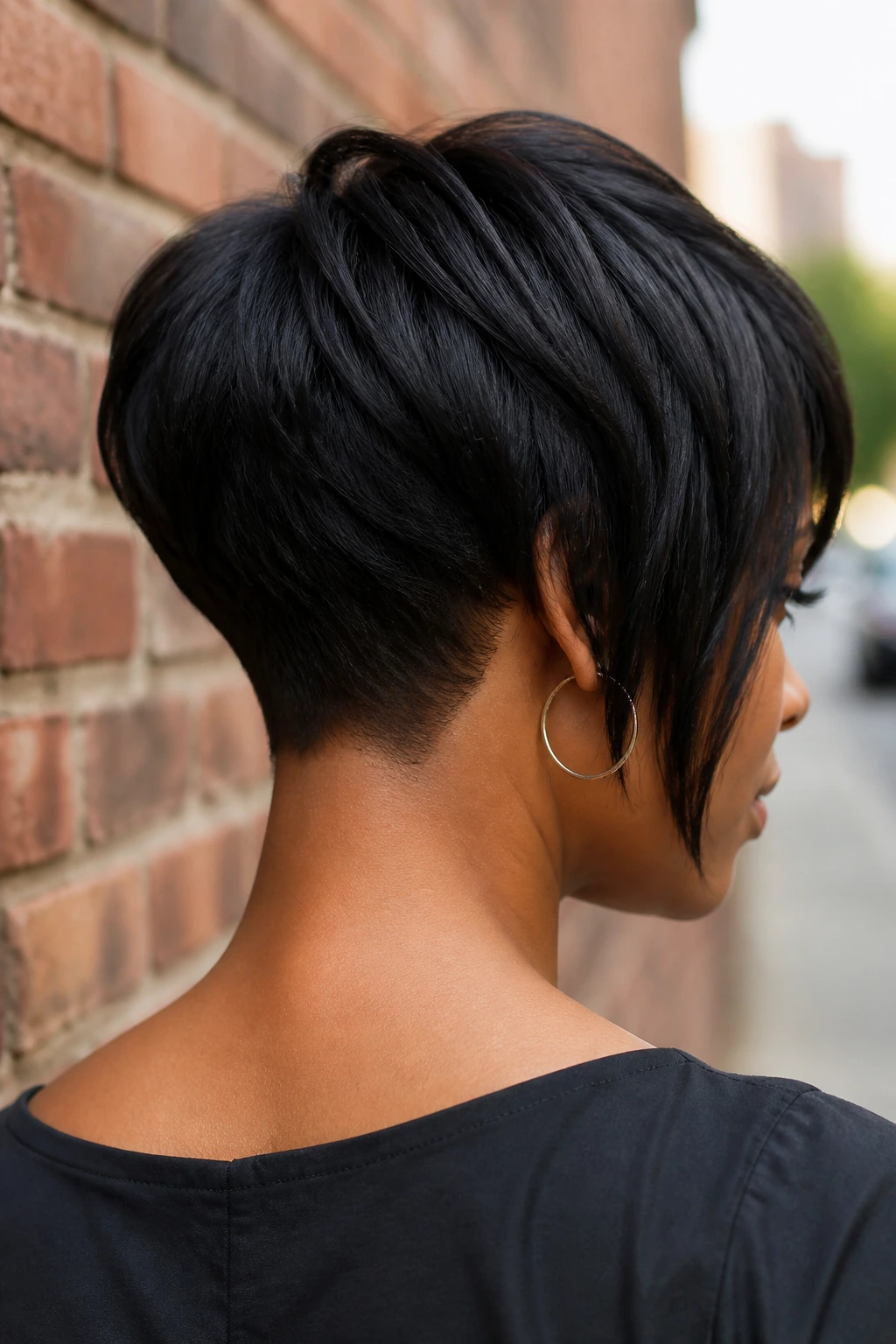 Profile view of a real woman with a tapered bob and clean nape