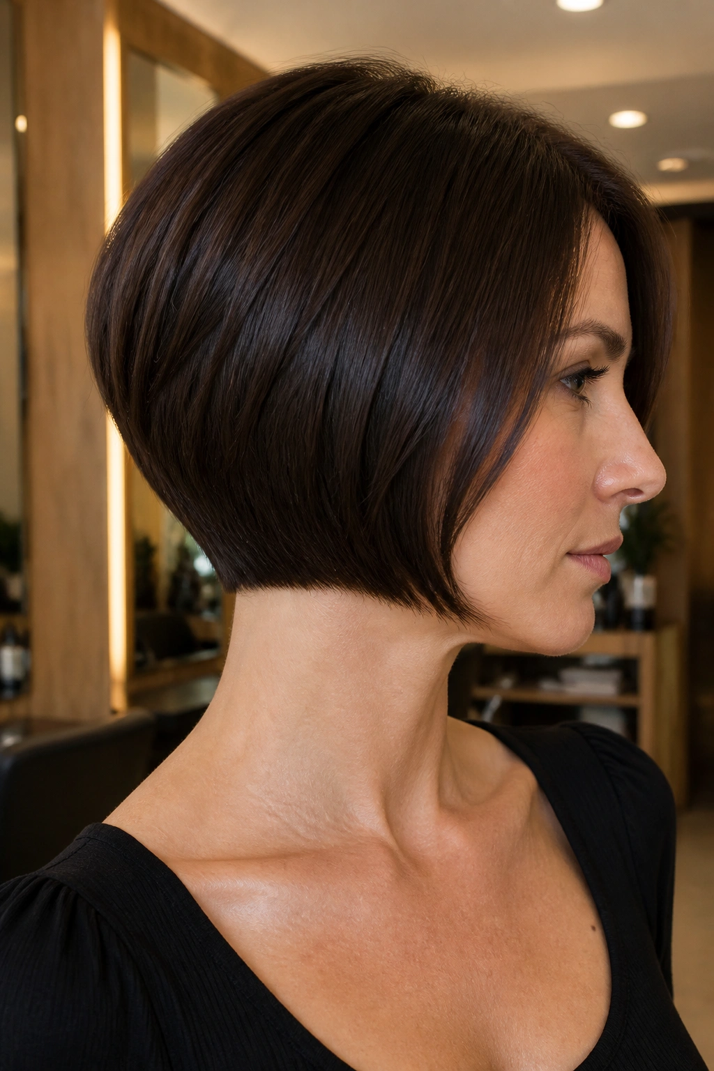 Close-up of a real woman with tapered bob and clean neckline in brunette
