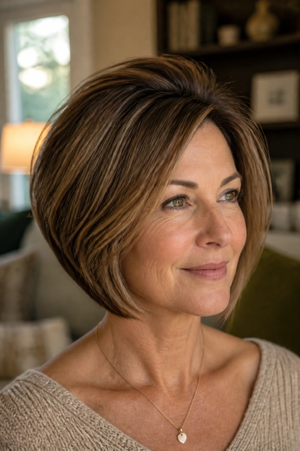 Close-up of crown-lifted tapered bob on brown hair