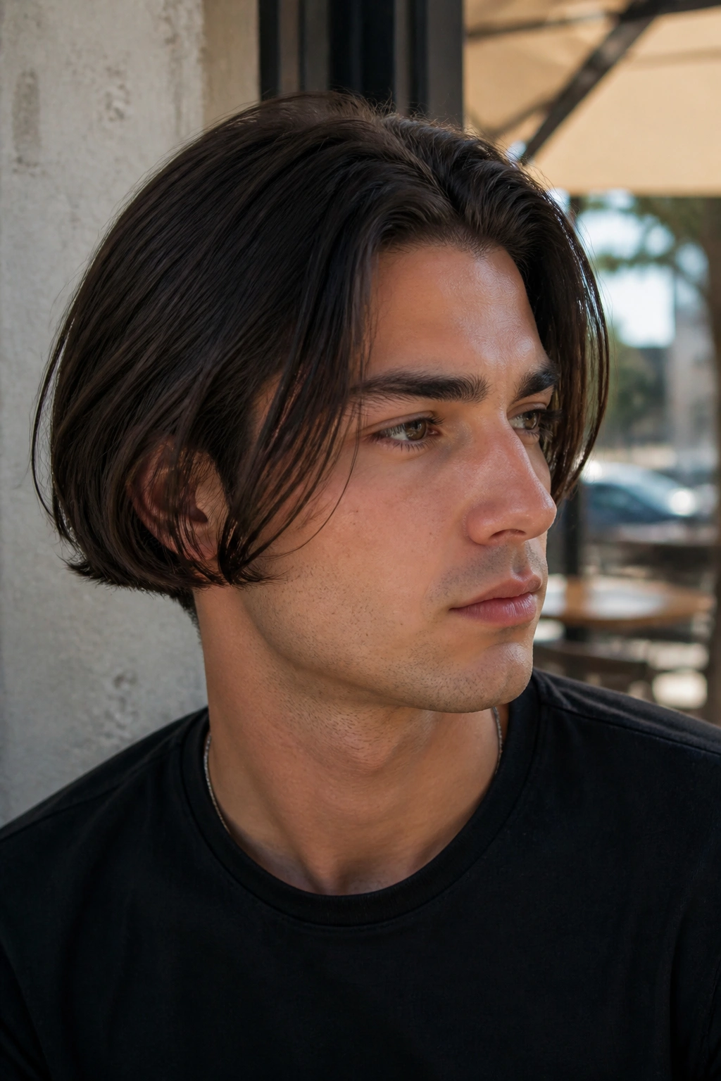 Close-up portrait of a real man with a tapered bob, back shorter and sides tapered, in a street-side cafe.