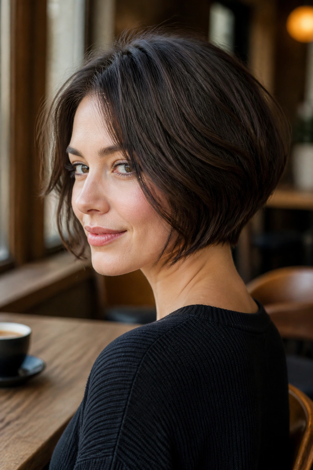 Portrait of real woman with nape-hugging tapered bob