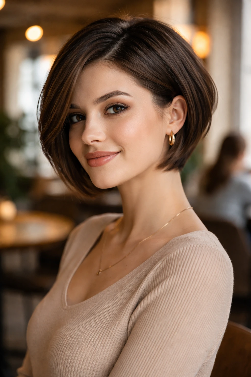 Close-up portrait of a real woman with side-parted tapered bob in warm cafe light