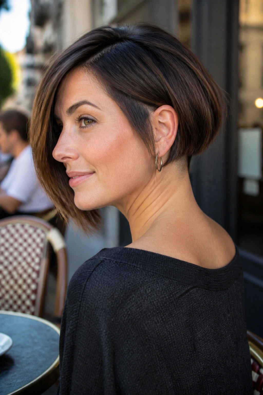 Three-quarter portrait of a woman with tapered bob and undercut panel.