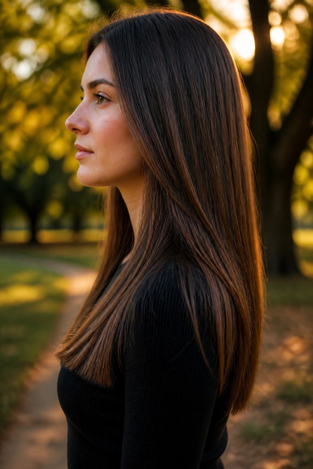 Profile close-up of real woman with tapered bottom cut in golden hour park light