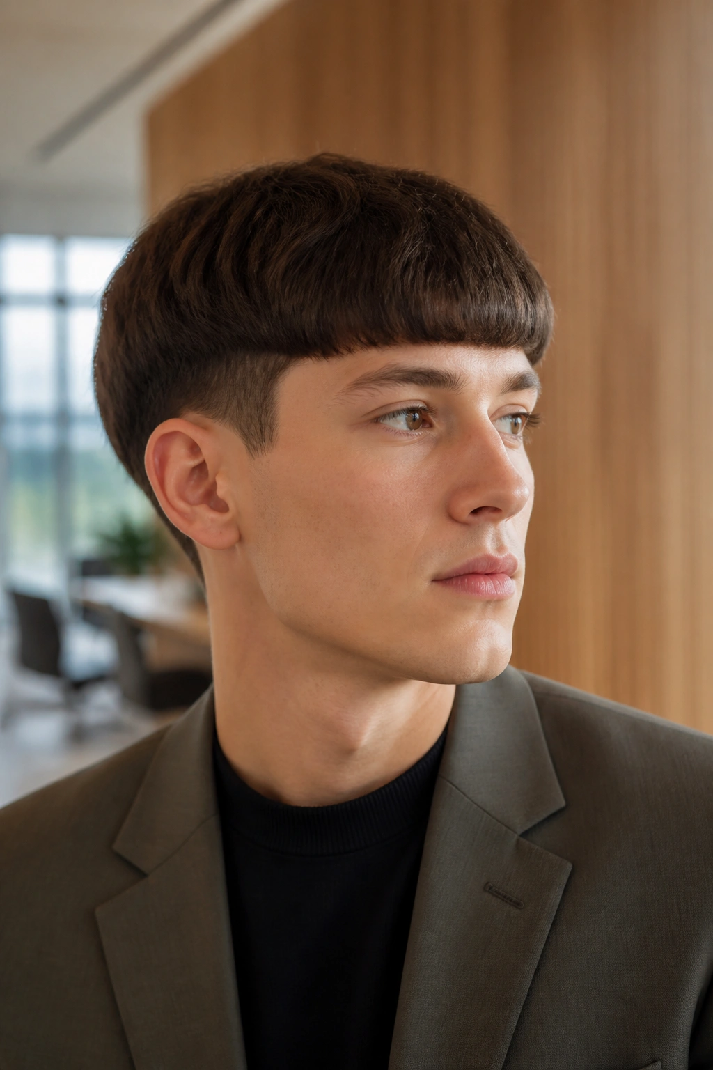 Portrait of a man with a tapered bowl cut in a modern office lobby