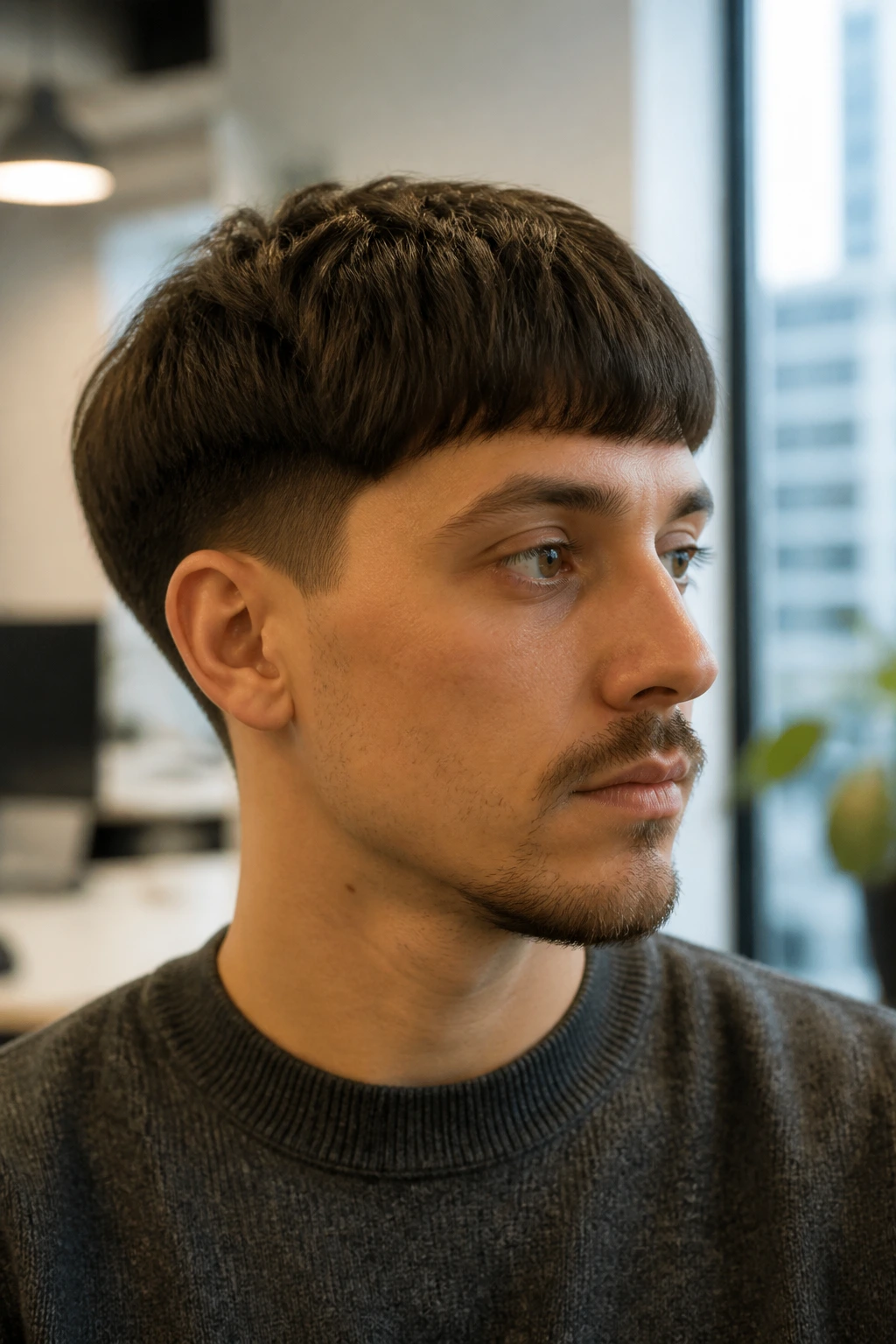 Portrait of a man with a tapered bowl cut in office light
