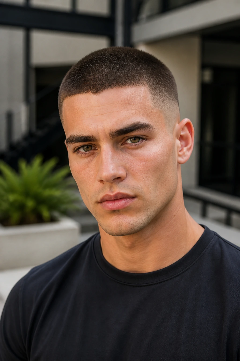 Close-up portrait of a real person with a tapered buzz cut hairstyle