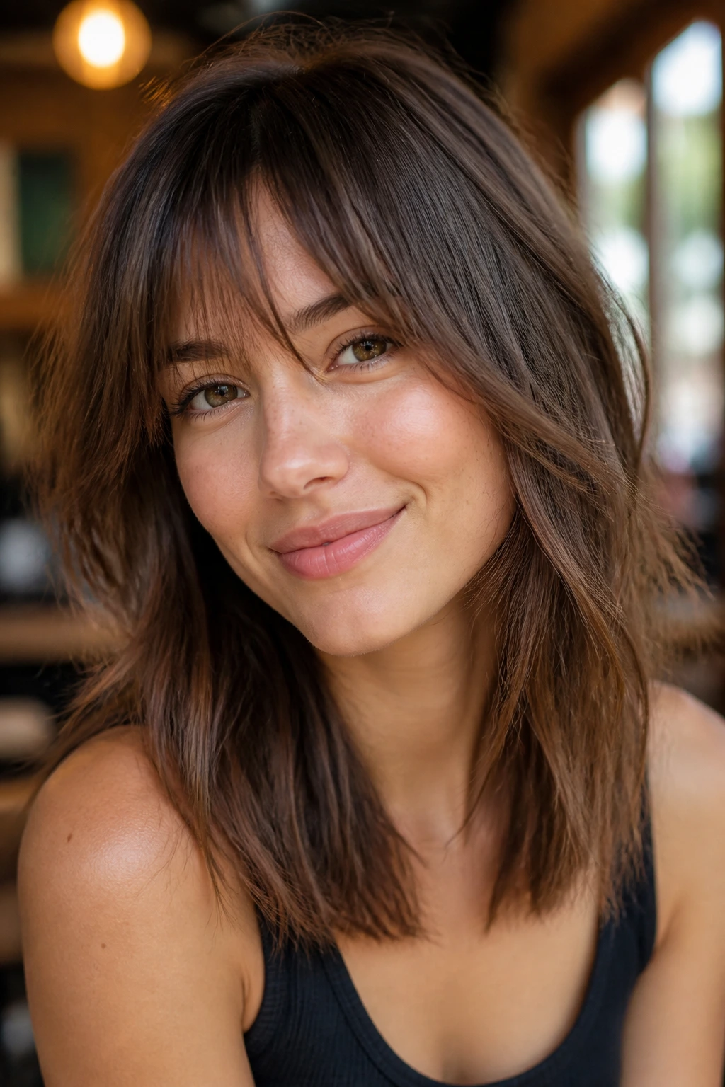 Close-up of a real woman with tapered choppy bangs blending into layers in a cafe.