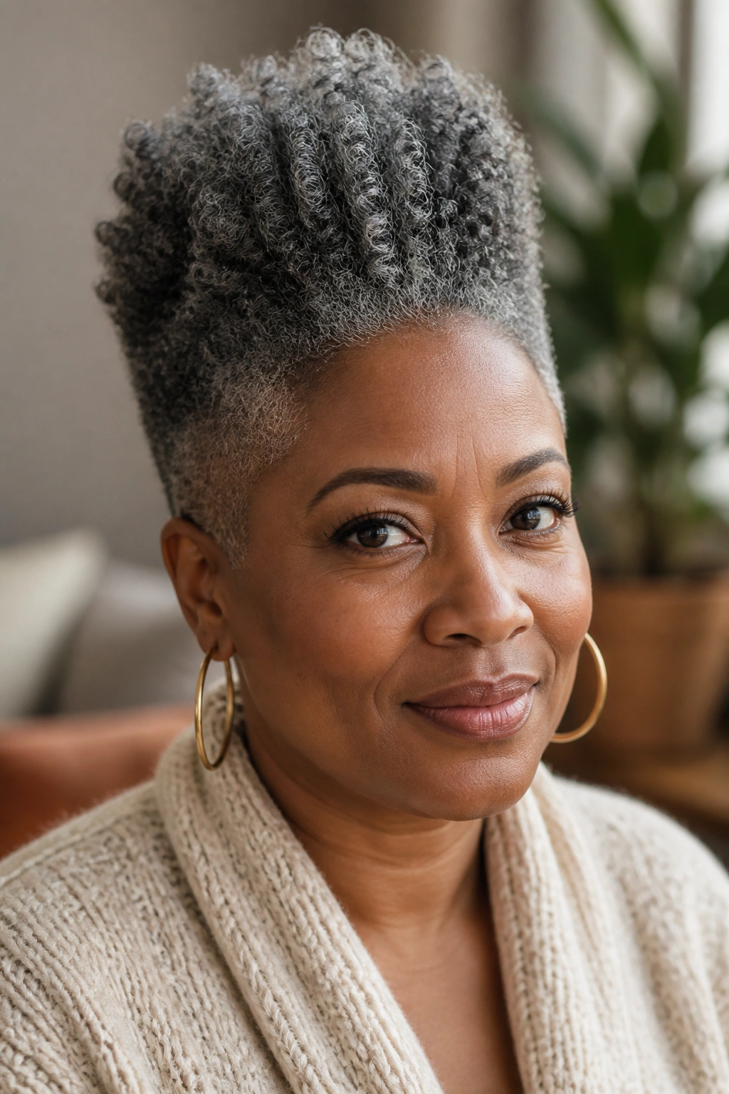Close-up of a real person with tapered natural gray coils and a fuller top in a cozy living room.