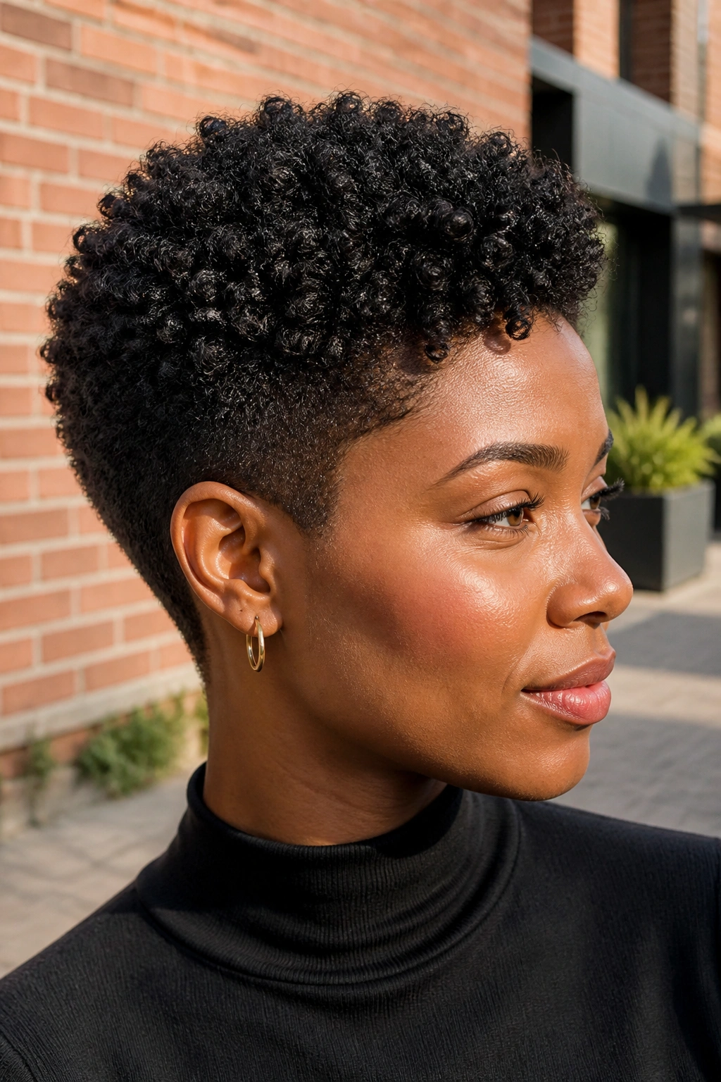 Close-up of a person with a tapered coily crop, sides faded and top stacked.