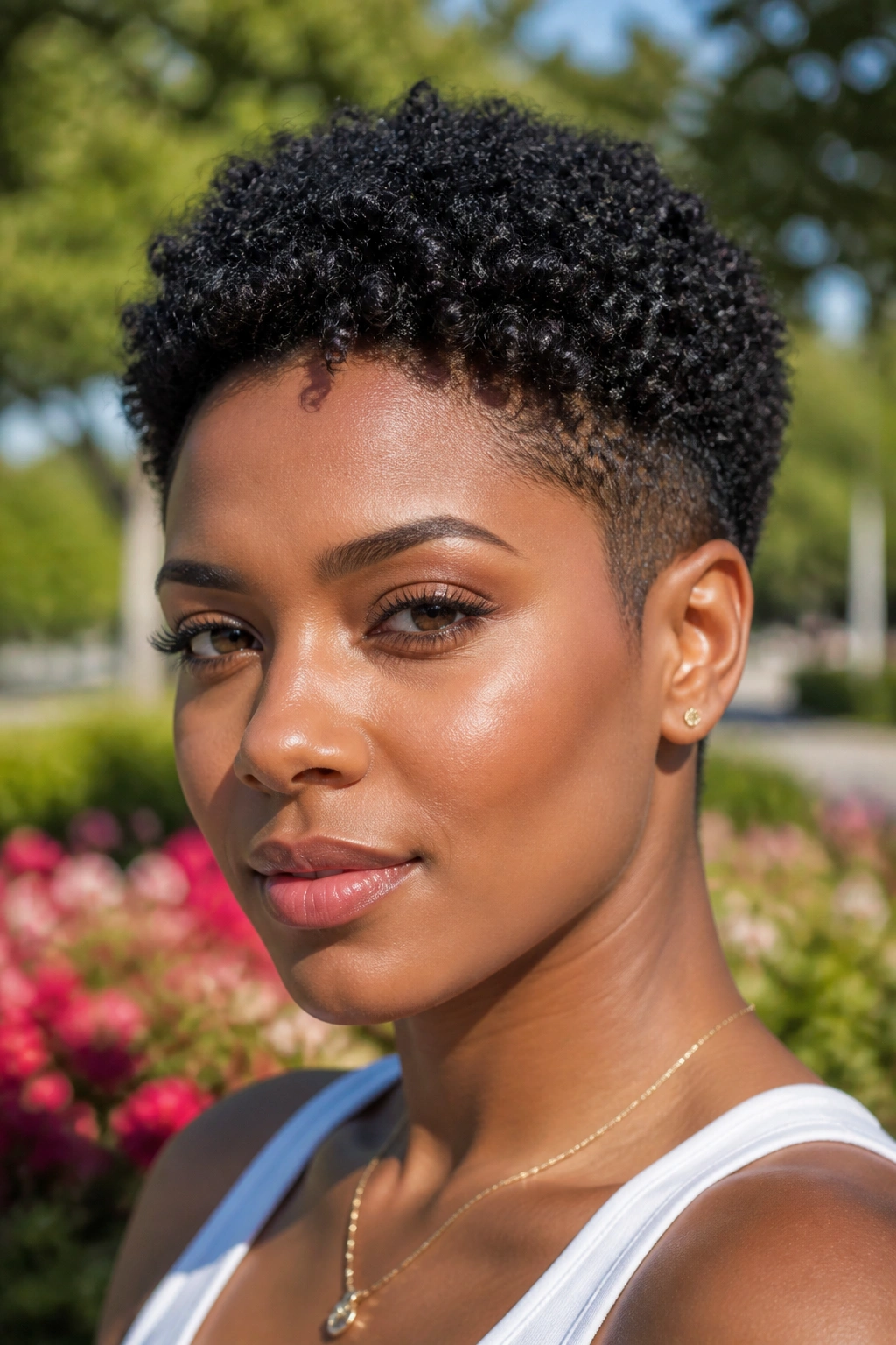 Close-up of a woman with a tapered coily crop and defined curls