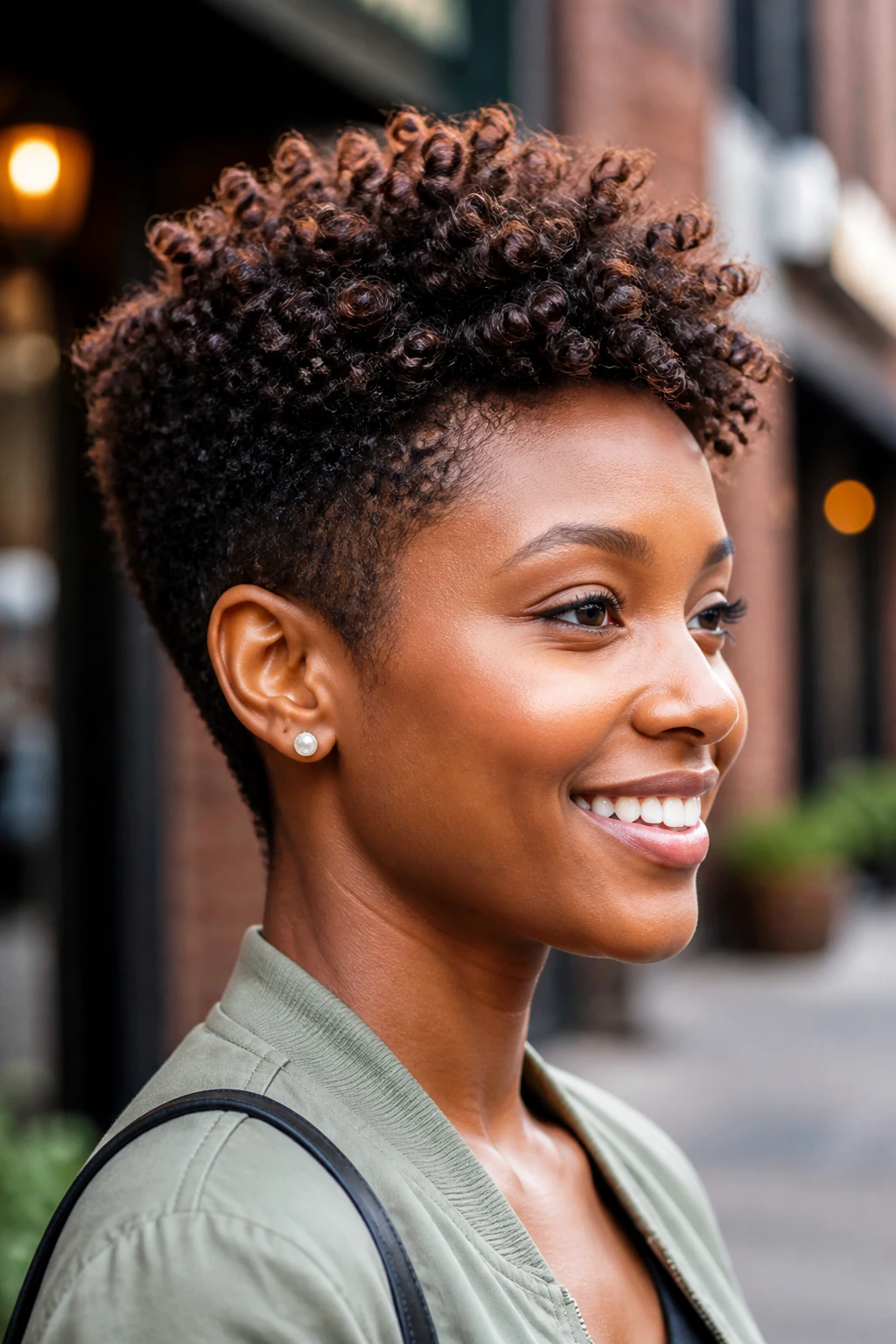 Portrait of a real person with a tapered coily cut and crown volume.