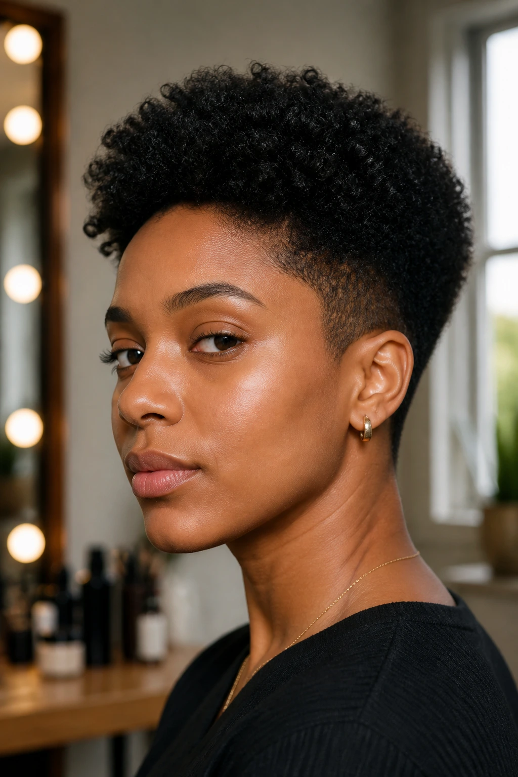 Portrait of a person with a tapered cut on coily hair