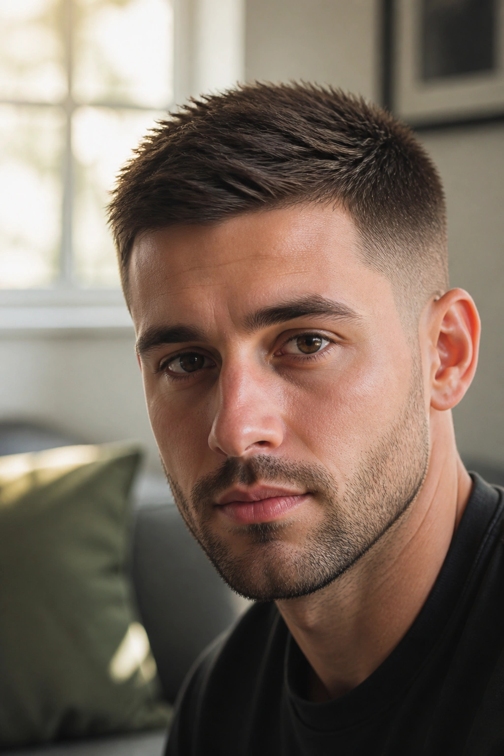 Close-up portrait of a real man with a tapered crew cut undercut