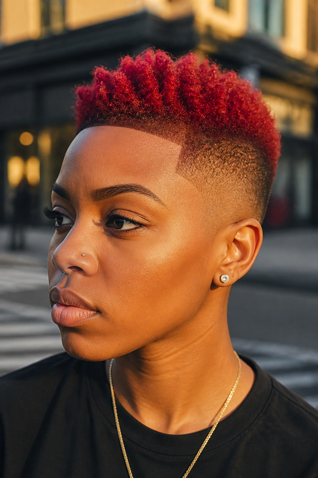 Close-up of a person with a tapered crimson cut, short sides and bright crimson top.