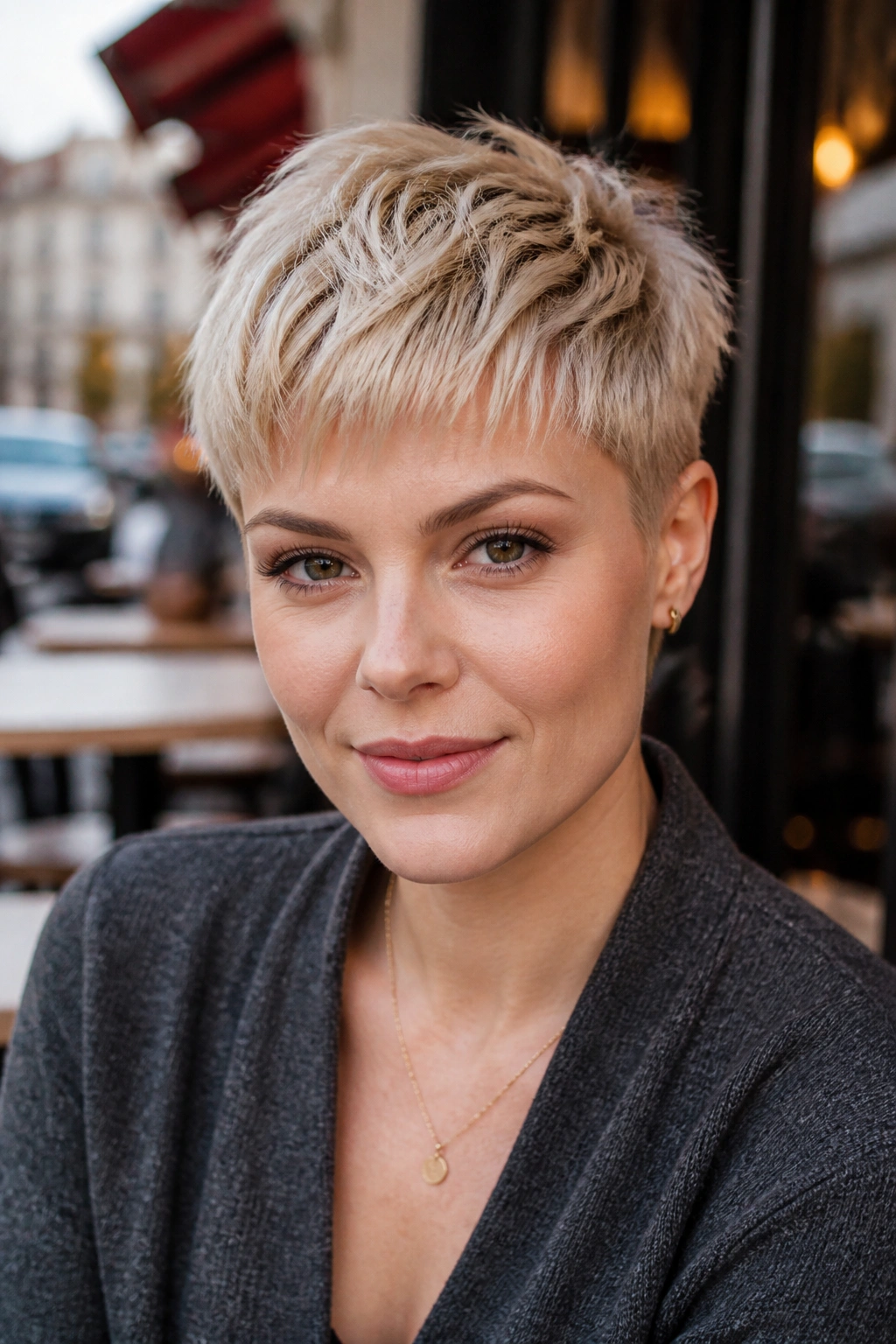 Real person with a tapered crop and choppy fringe in an urban-cafe setting