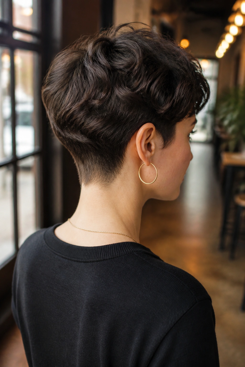 Rear three-quarter view of a real person with a tapered crop and clean nape