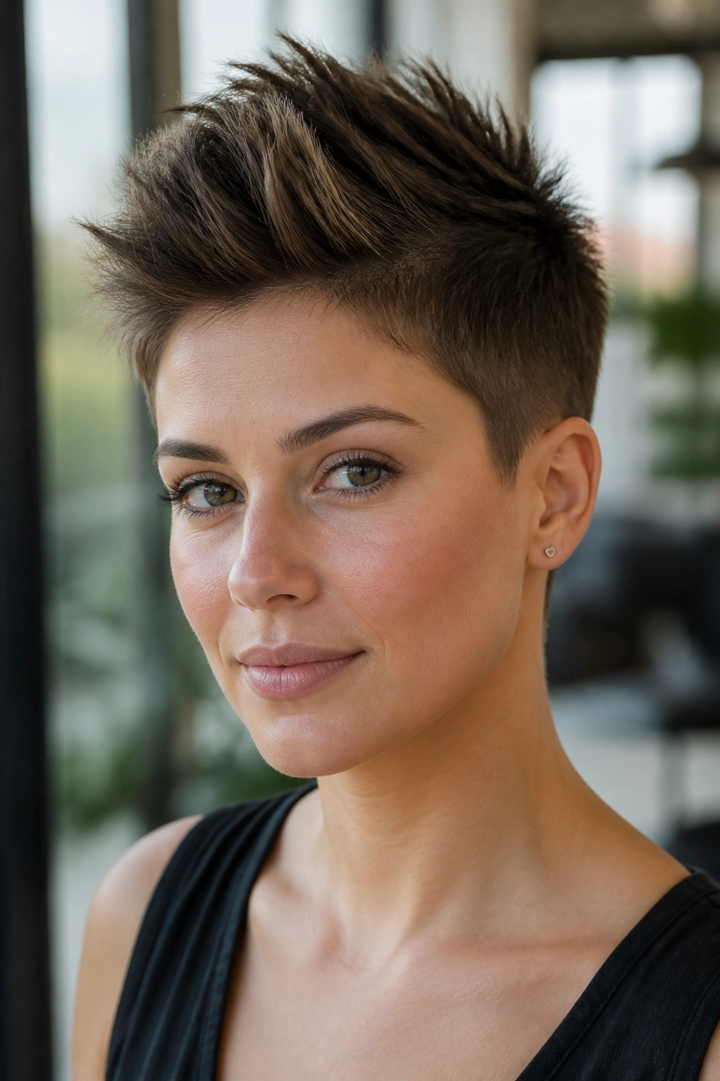 Close-up of a real woman with tapered crop and crown height